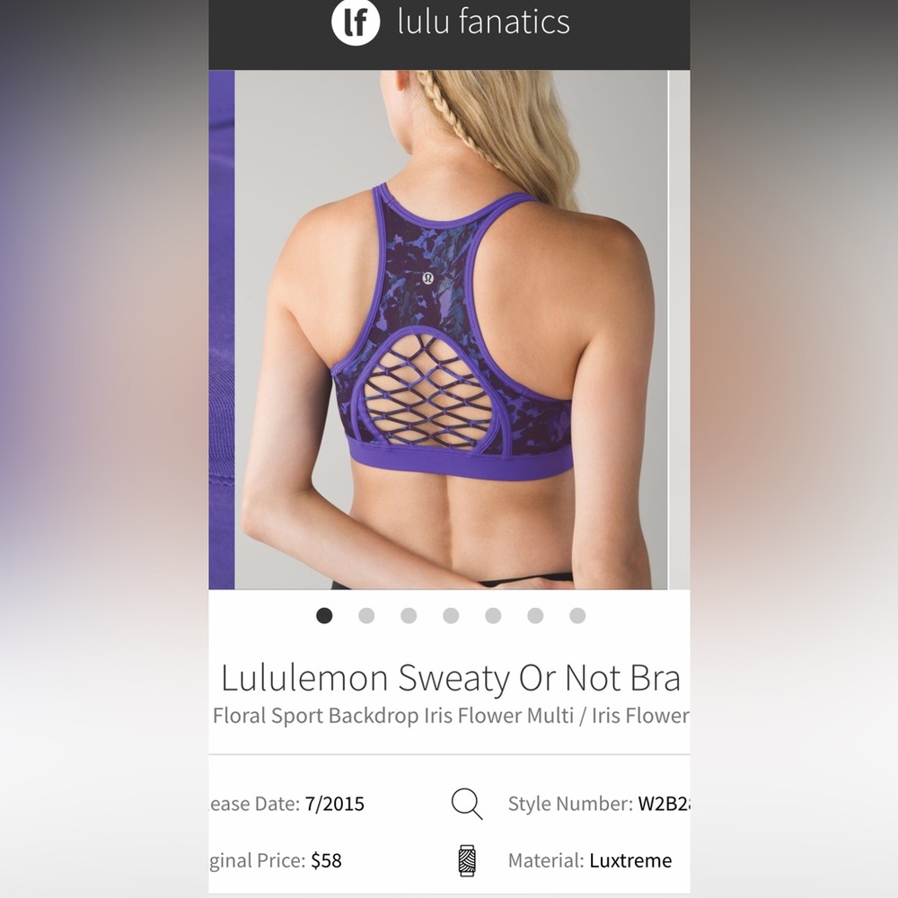 EUC- Lululemon Sweaty Or Not Bra Floral Sport Backdrop Iris Flower. Size 6.